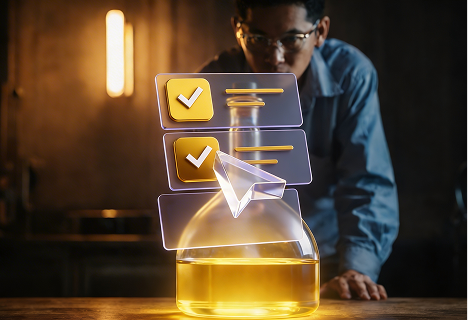Worker inspecting oil quality in a glass container (1)